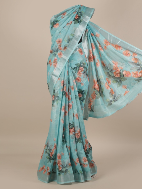 Pothys Turquoise Blue Printed Linen Blend Saree
