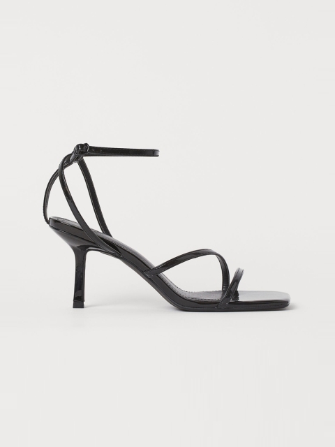 H&M Women Black Solid Leather Patent Strappy Sandals