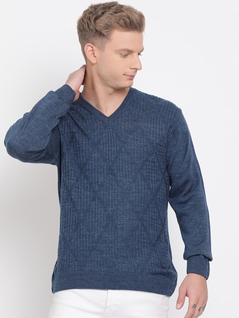 COBB Men Navy Blue Self Design Pullover Sweater