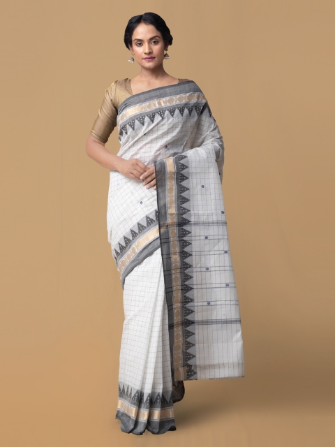 Unnati Silks White & Grey Pure Cotton Printed Chettinad Saree