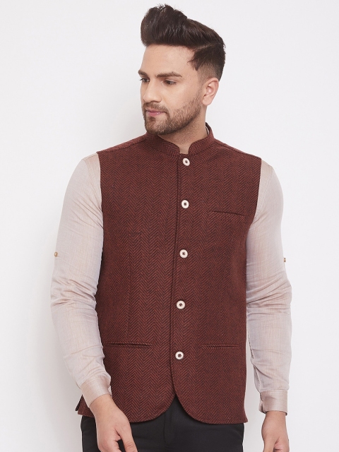 even Men Brown Woven Design Nehru Jacket