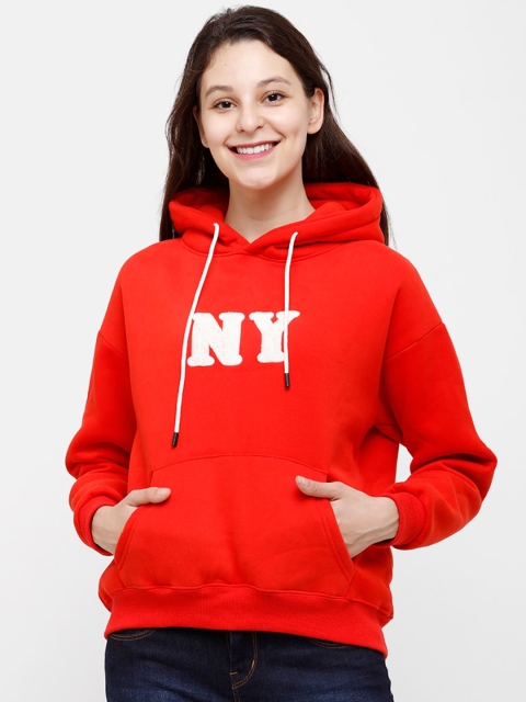 STROP Women Red Printed Hooded Sweatshirt