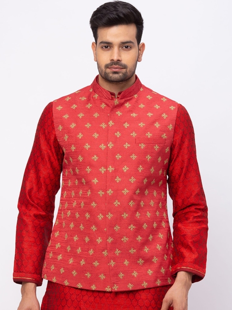Ethnicity Men Red Woven Design Nehru Jacket