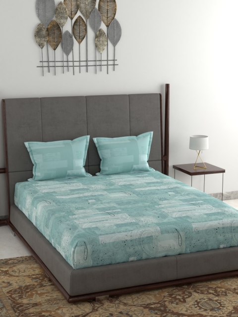 Trident Unisex Blue Abstract 144TC Double Queen Bedsheet With 2 Pillow Covers, Turquoise blue