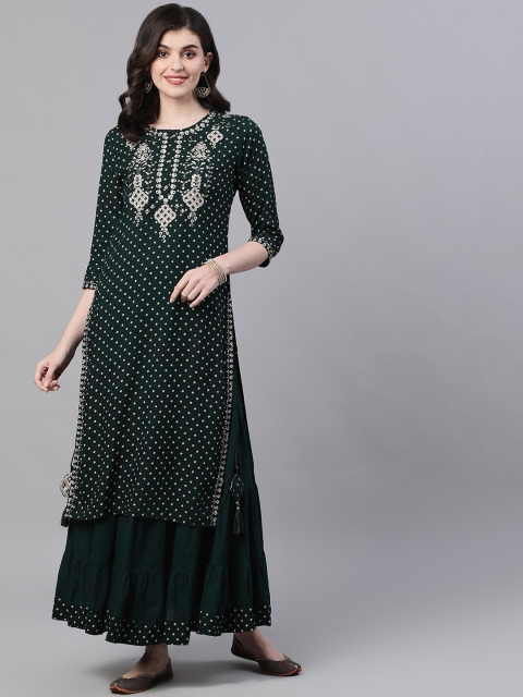 Ishin Women Green Printed Kurta with Skirt