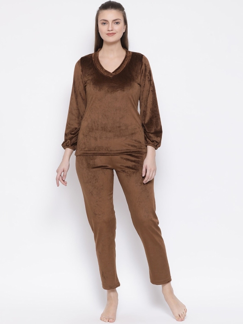 Kanvin Women Brown Solid Velour Winter Night Suit