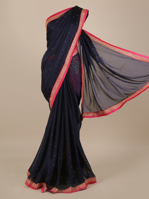 Pothys Navy Blue Solid Poly Georgette Saree with Embellished Border