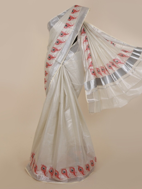 Pothys Off-White & Cream-Coloured Pure Cotton Solid Saree