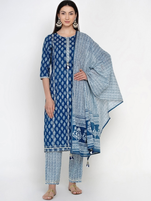 Yuris Women Blue & White Printed Kurta with Trousers & Dupatta