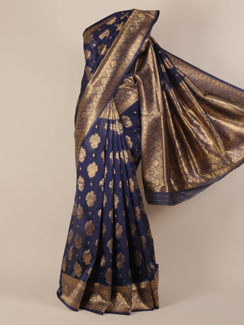 Pothys Navy Blue & Gold-Toned Jute Silk Woven Design Saree