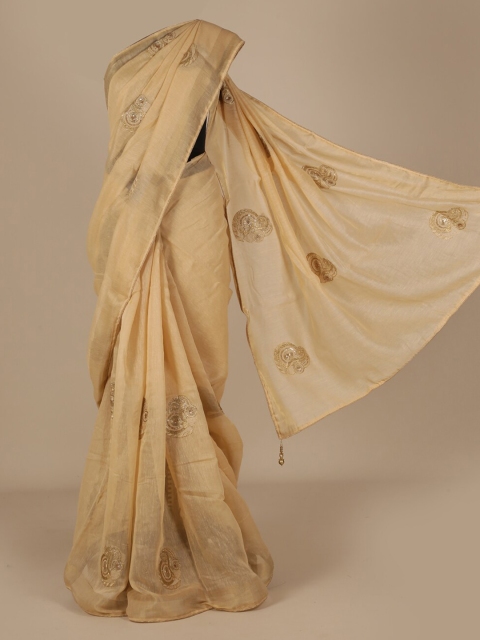 Pothys Cream-Coloured Embroidered Poly Chiffon Saree