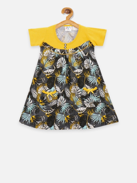 LilPicks Yellow & Black Floral A-Line Dress