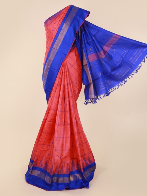 Pothys Pink & Blue Pure Silk Checked Kanjeevaram Saree