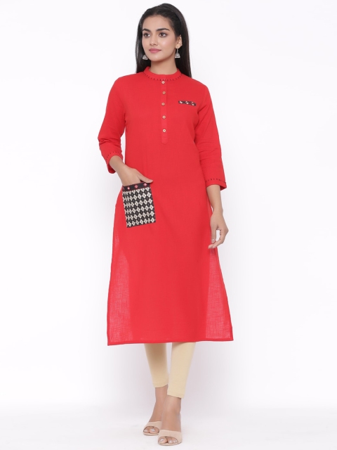 fabGLOBAL Women Red Solid Straight Kurta