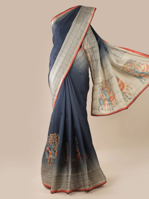 Pothys Grey Printed Jute Silk Saree