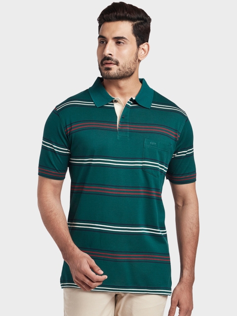 ColorPlus Men Green Striped Polo Collar T-shirt