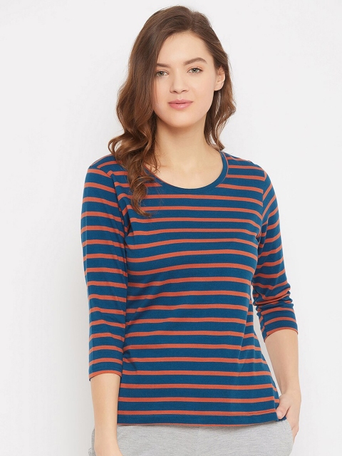 Clovia Women Blue & Orange Striped Lounge T-Shirt