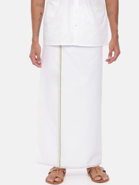 UATHAYAM Men White & Green Solid Cotton Dhoti