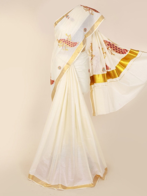 Pothys Off-White & Gold-Toned Pure Cotton Embroidered Saree