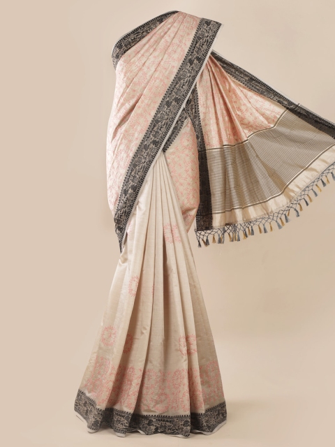Pothys Cream-Coloured & Pink Jute Silk Printed Saree