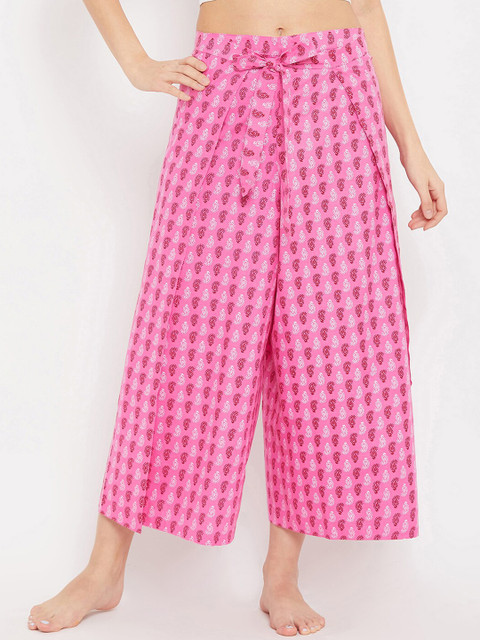 Clovia Women Pink & White Printed Tie Up Flared Pyjama Pants 
Clovia Women Pink & White Printed Tie Up Flared Pyjama Pants