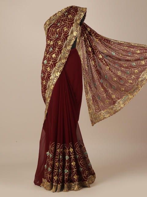 Pothys Brown Embellished Poly Georgette Saree