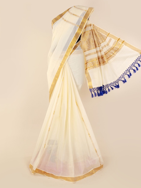 Pothys Off-White & Gold-Toned Pure Cotton Solid Saree