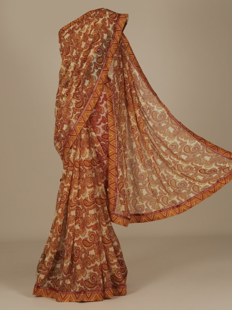 Pothys Cream-Coloured & Orange Poly Chiffon Printed Saree