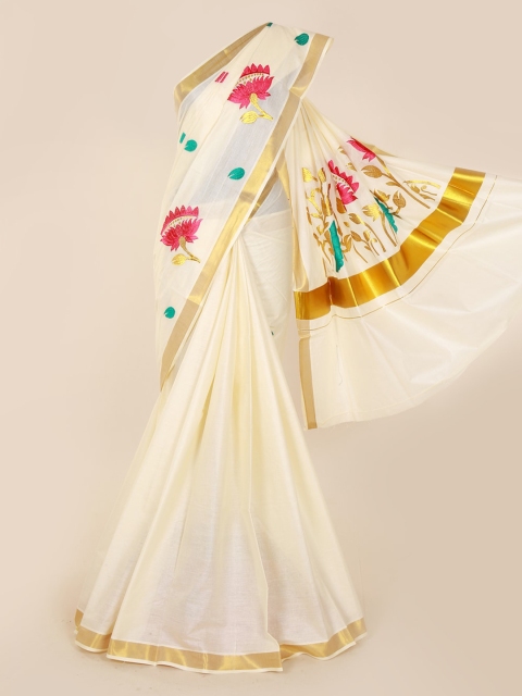 Pothys Off-White Embroidered Pure Cotton Saree