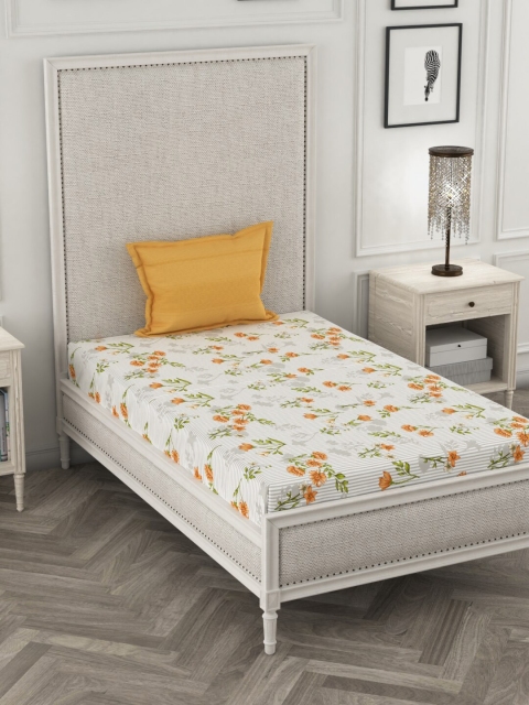 Portico New York White & Grey Printed 144 TC Single Bedsheet With 1 Pillow Cover