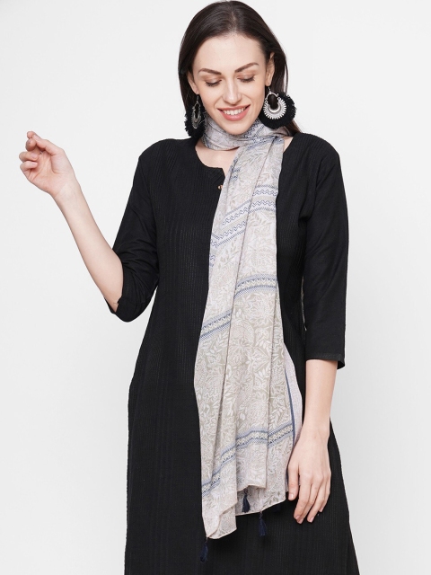 Get Wrapped Women Grey & Beige Printed Scarf with Tasselled Border