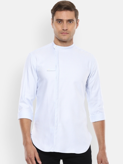 V Dot Men White & Blue Slim Fit Checked Casual Shirt