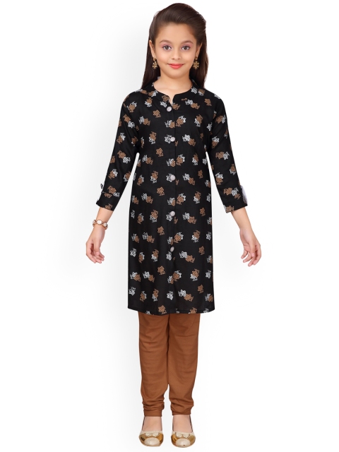 Aarika Girls Black & Brown Printed Kurta with Churidar