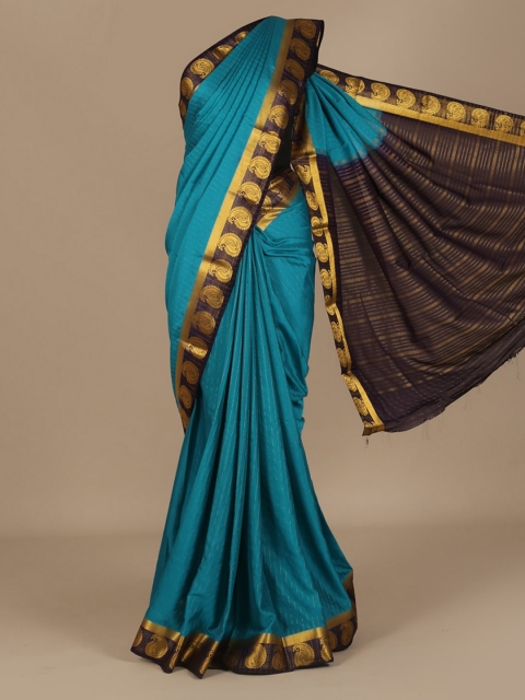 Pothys Blue Solid Poly Crepe Saree
