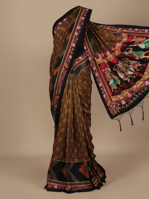 Pothys Brown Printed Jute Silk Saree