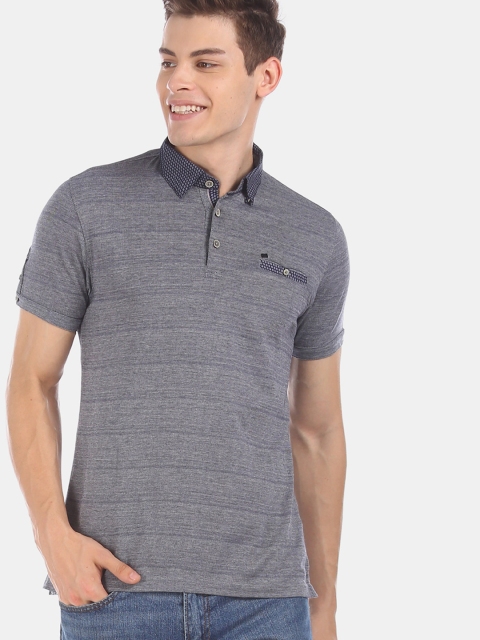 True Blue Men Navy Blue Self Design Polo Collar T-shirt