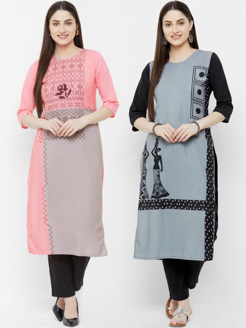 7Threads Women Pack of 2 Multicoloured Printed Straight Kurtas, Multi