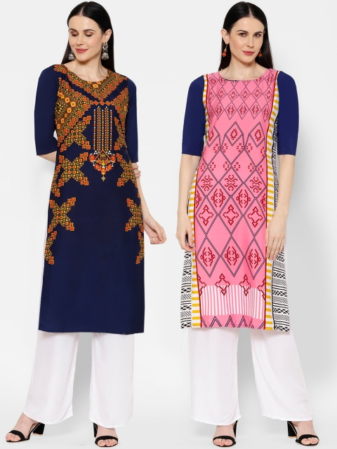 7Threads Women Set of 2 Printed Straight Kurta, Navy blue