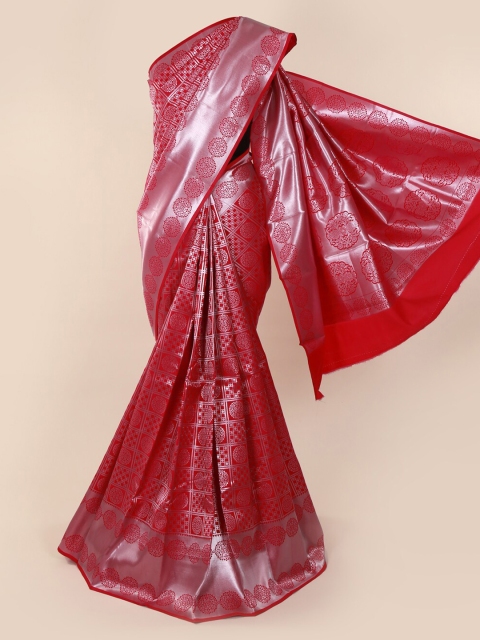 Pothys Red & Silver-Toned Art Silk Printed Saree