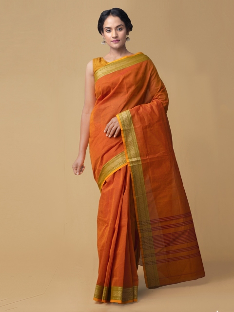 Unnati Silks Orange Pure Cotton Solid Kanjeevaram Handloom Saree