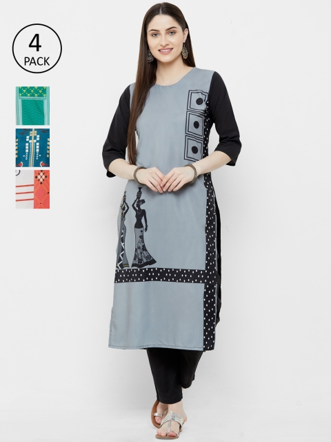 7Threads Women Pack Of 4 Printed Straight Kurtas, Grey