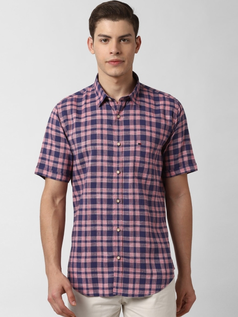 Peter England Casuals Men Pink & Navy Blue Slim Fit Checked Casual Shirt
