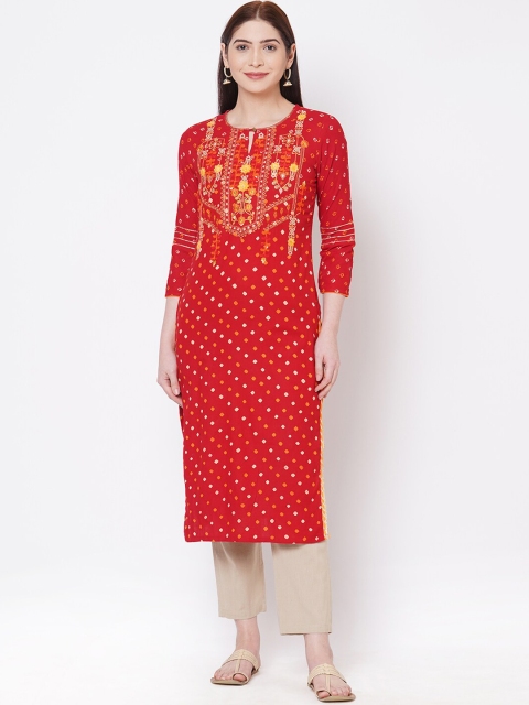FASHOR Women Red Embroidered Straight Kurta