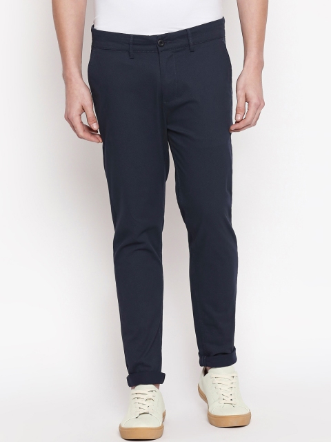 People Men Navy Blue Skinny Fit Solid Regular Trousers
