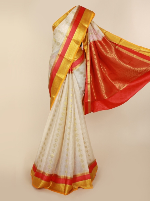 Pothys Off-White & Orange Pure Silk Woven Design Saree