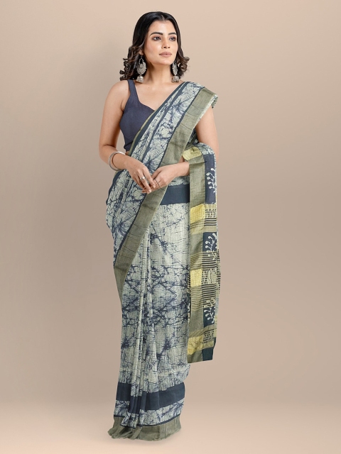 BharatSthali Navy Blue & Taupe Silk Cotton Printed Venkatgiri Saree