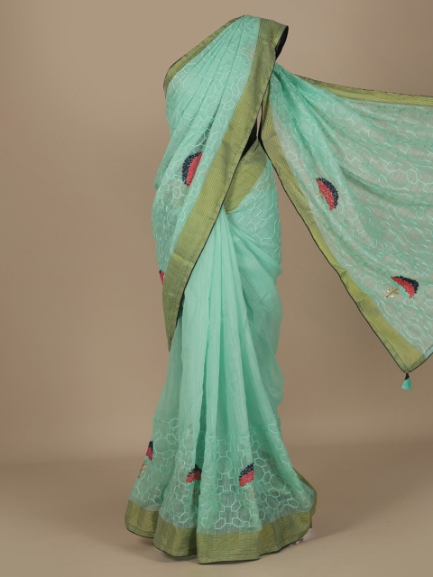 Pothys Sea Green & Pink Linen Blend Woven Design Saree