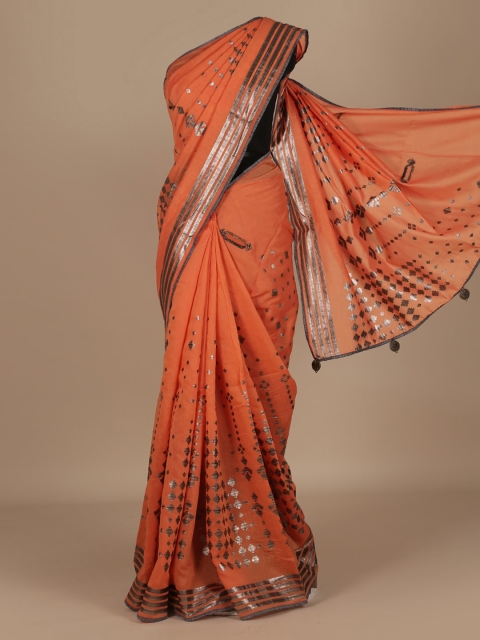 Pothys Orange Embroidered Linen Blend Saree