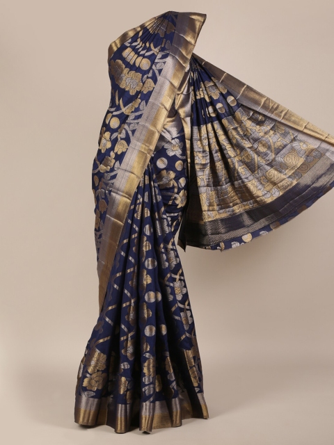 Pothys Navy Blue & Gold-Toned Jute Silk Woven Design Saree