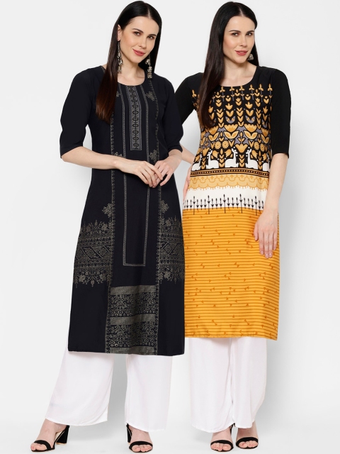 7Threads Women Set of 2 Straight Kurtas, Black